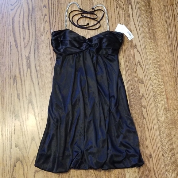 City Triangles Dresses & Skirts - Silky black dress w rhinestone halter straps